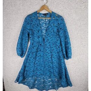 Pamela McCoy Teal Blue Lace Kimono Cardigan Dress High Low Size XS Cottagecore